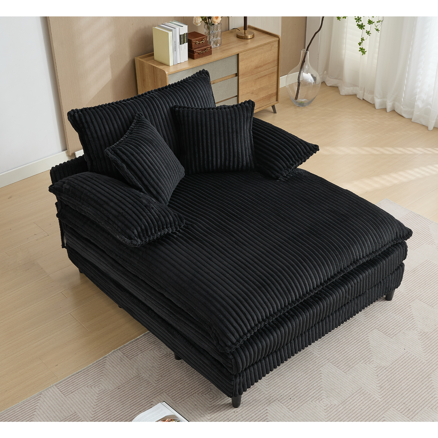 54.75" W Oversized Chaise Lounge Chair,Fluffy cushioned sofa bed,Deep Seat,Corduroy,2 Pillows,4 gears can be adjusted,Leisure Sleeper Sofa Chair for Living Room, Black