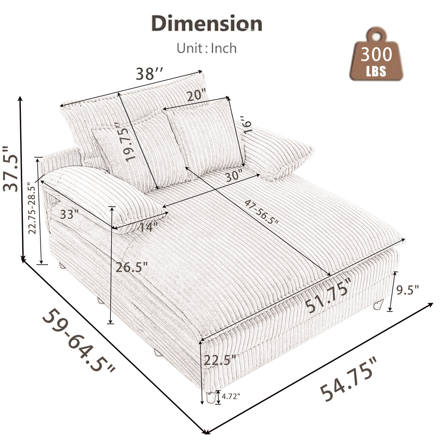 54.75" W Oversized Chaise Lounge Chair,Fluffy cushioned sofa bed,Deep Seat,Corduroy,2 Pillows,4 gears can be adjusted,Leisure Sleeper Sofa Chair for Living Room, Black