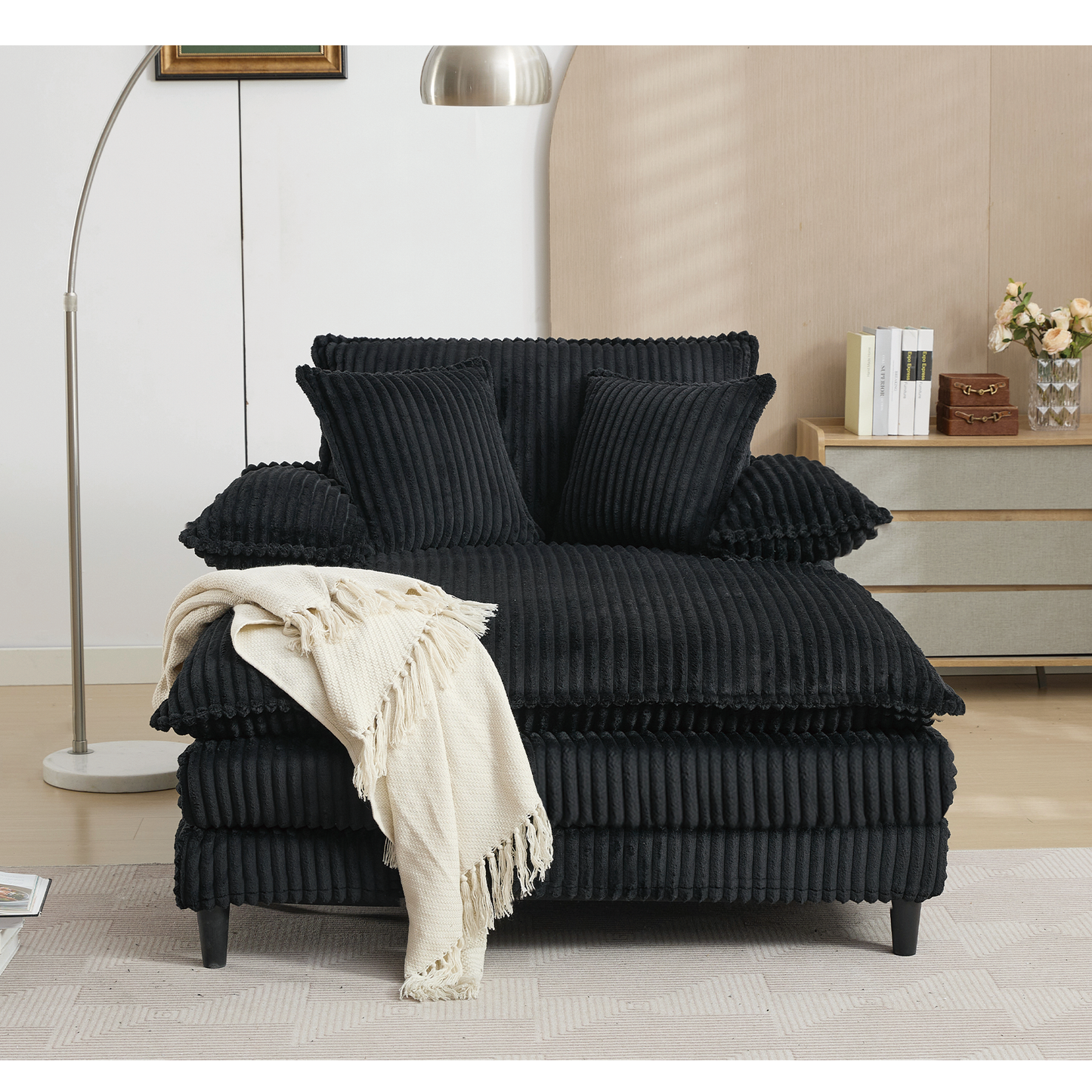 54.75" W Oversized Chaise Lounge Chair,Fluffy cushioned sofa bed,Deep Seat,Corduroy,2 Pillows,4 gears can be adjusted,Leisure Sleeper Sofa Chair for Living Room, Black