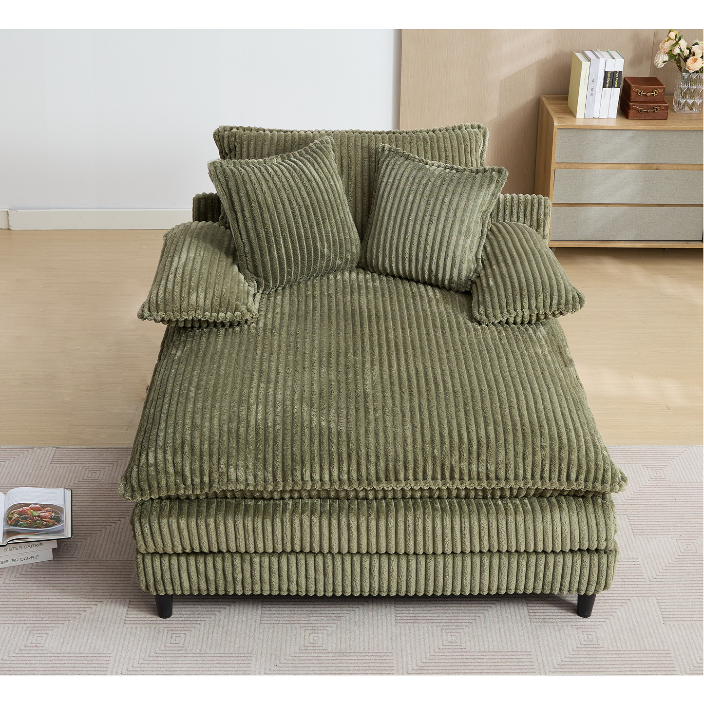 54.75" W Oversized Chaise Lounge Chair,Fluffy cushioned sofa bed,Deep Seat,Corduroy,2 Pillows,Four gears can be adjusted,Leisure Sleeper Sofa Chair for Living Room,Green