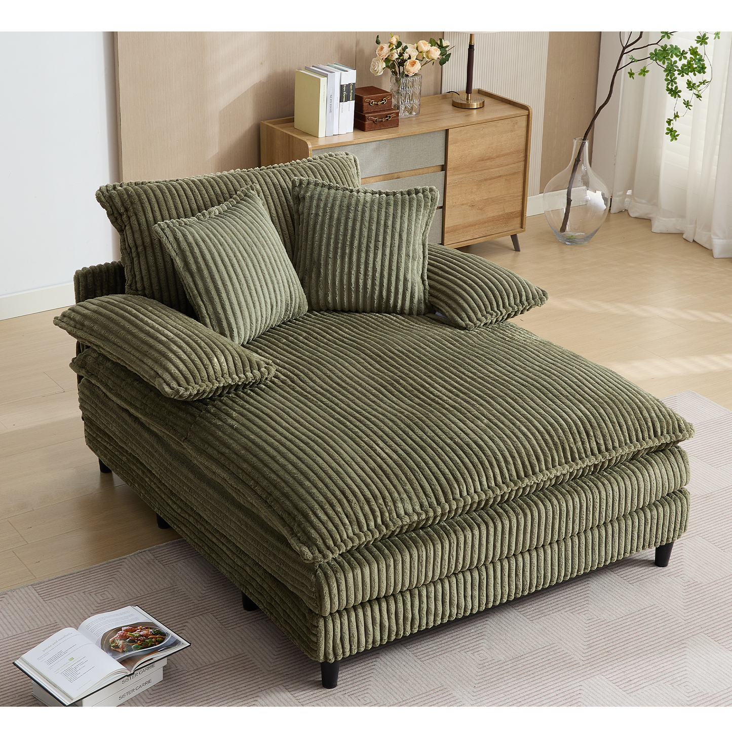 54.75" W Oversized Chaise Lounge Chair,Fluffy cushioned sofa bed,Deep Seat,Corduroy,2 Pillows,Four gears can be adjusted,Leisure Sleeper Sofa Chair for Living Room,Green