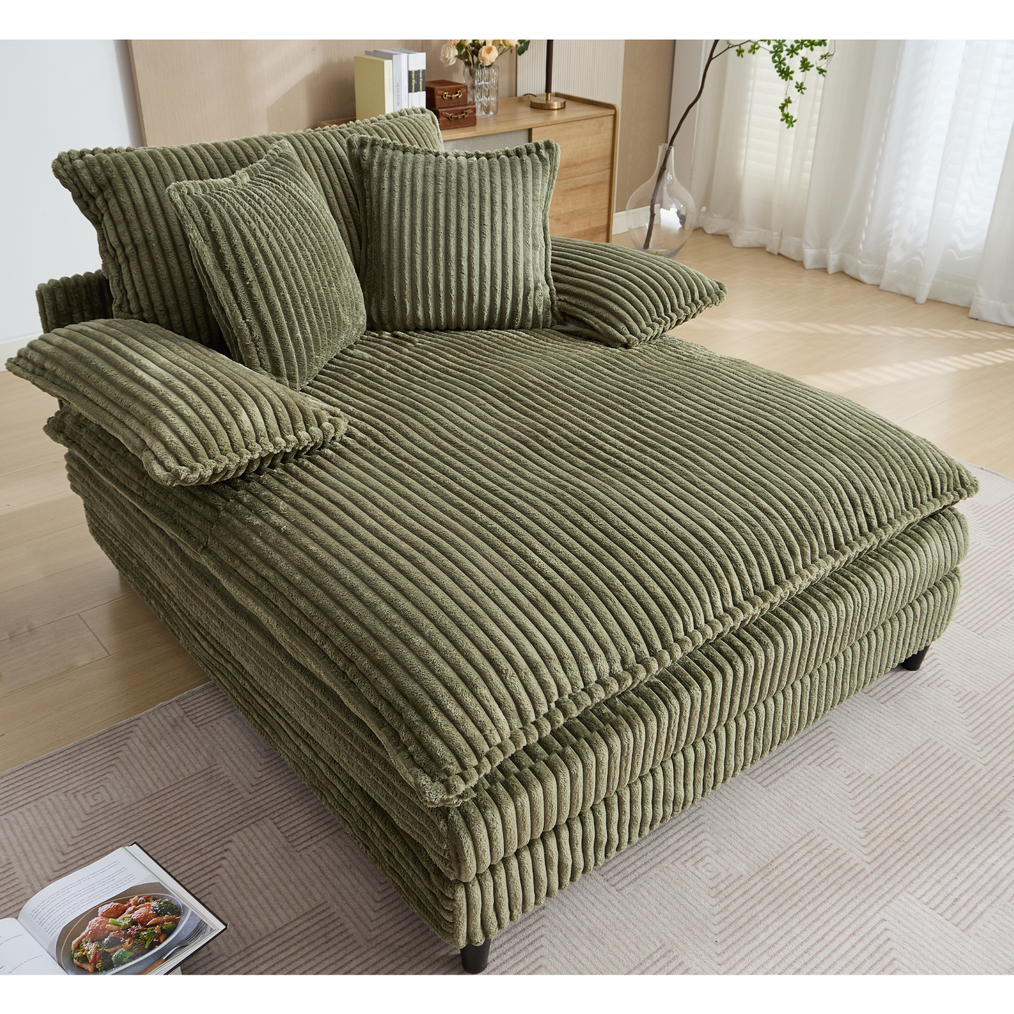 54.75" W Oversized Chaise Lounge Chair,Fluffy cushioned sofa bed,Deep Seat,Corduroy,2 Pillows,Four gears can be adjusted,Leisure Sleeper Sofa Chair for Living Room,Green
