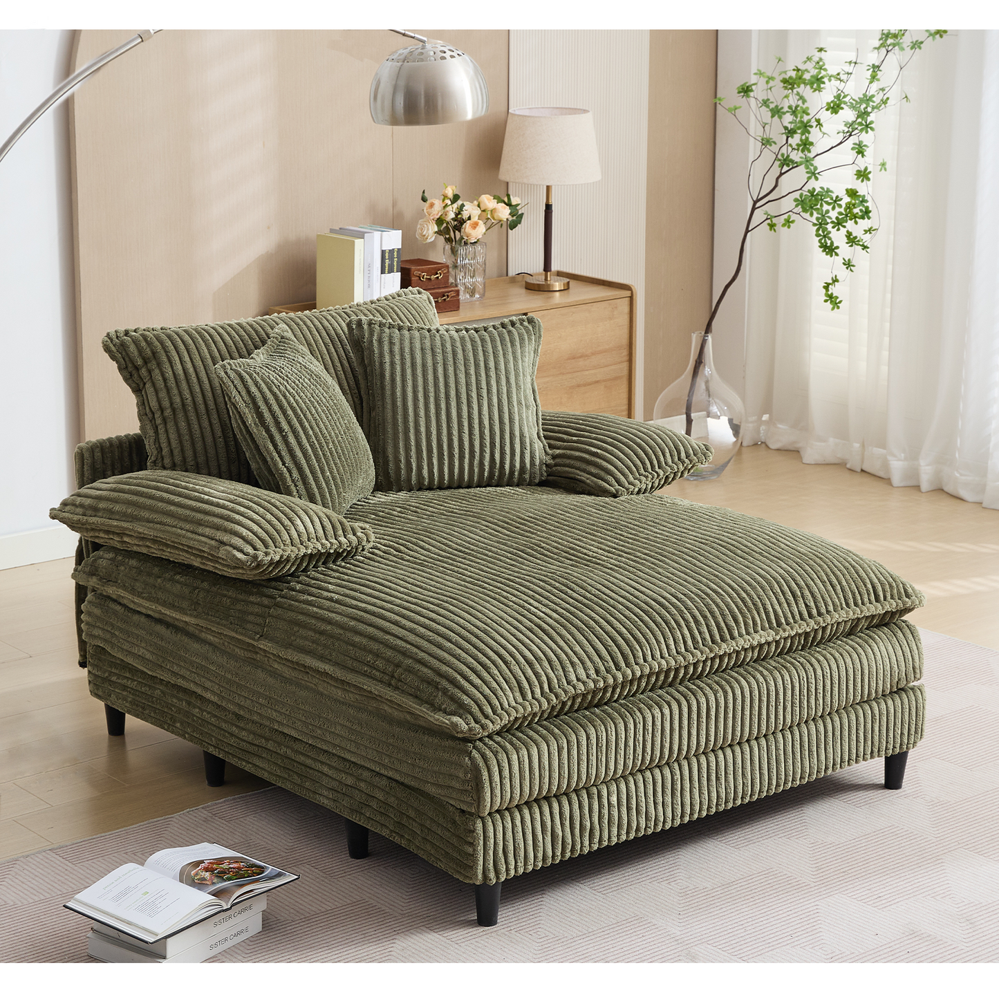 54.75" W Oversized Chaise Lounge Chair,Fluffy cushioned sofa bed,Deep Seat,Corduroy,2 Pillows,Four gears can be adjusted,Leisure Sleeper Sofa Chair for Living Room,Green