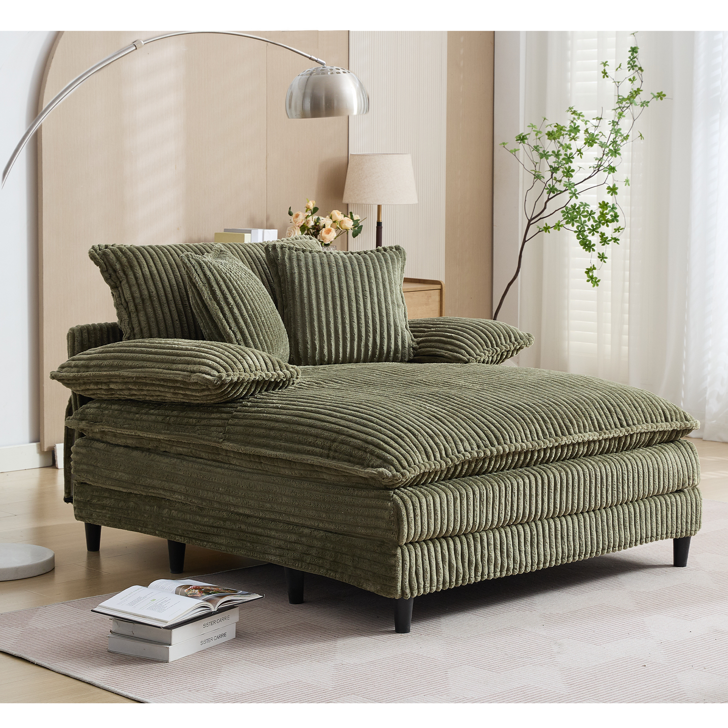 54.75" W Oversized Chaise Lounge Chair,Fluffy cushioned sofa bed,Deep Seat,Corduroy,2 Pillows,Four gears can be adjusted,Leisure Sleeper Sofa Chair for Living Room,Green