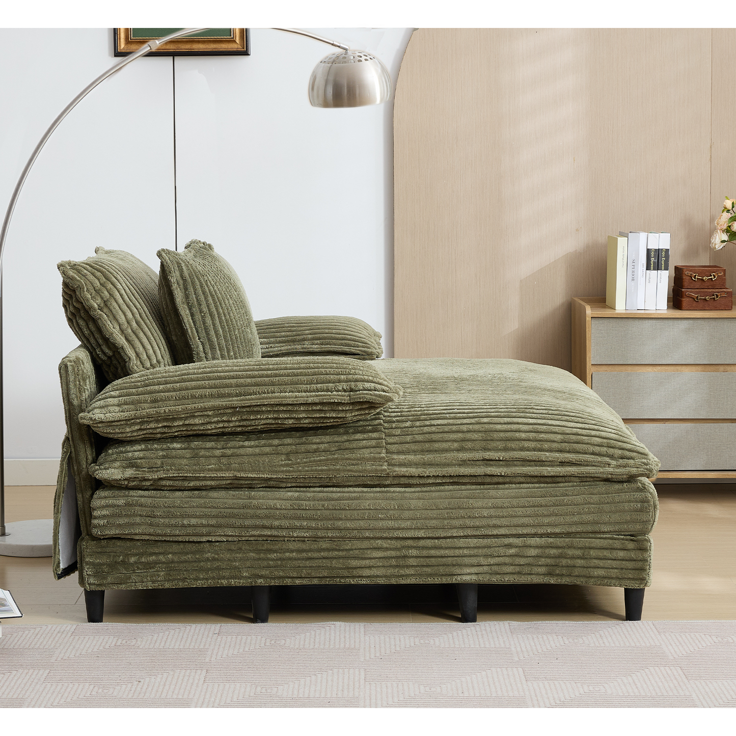54.75" W Oversized Chaise Lounge Chair,Fluffy cushioned sofa bed,Deep Seat,Corduroy,2 Pillows,Four gears can be adjusted,Leisure Sleeper Sofa Chair for Living Room,Green