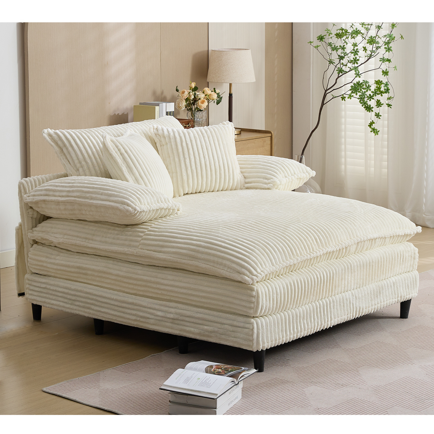 54.75" W Oversized Chaise Lounge Chair,Fluffy Cushioned Sofa Bed,Deep Seat,Corduroy,2 Pillows,Four Gears Can Be Adjusted,Leisure Sleeper Sofa Chair for Living Room,Beige