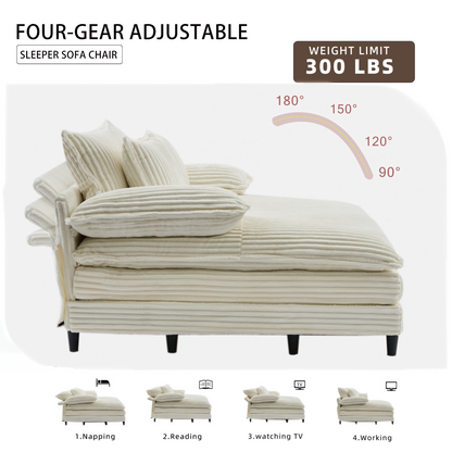 54.75" W Oversized Chaise Lounge Chair,Fluffy Cushioned Sofa Bed,Deep Seat,Corduroy,2 Pillows,Four Gears Can Be Adjusted,Leisure Sleeper Sofa Chair for Living Room,Beige