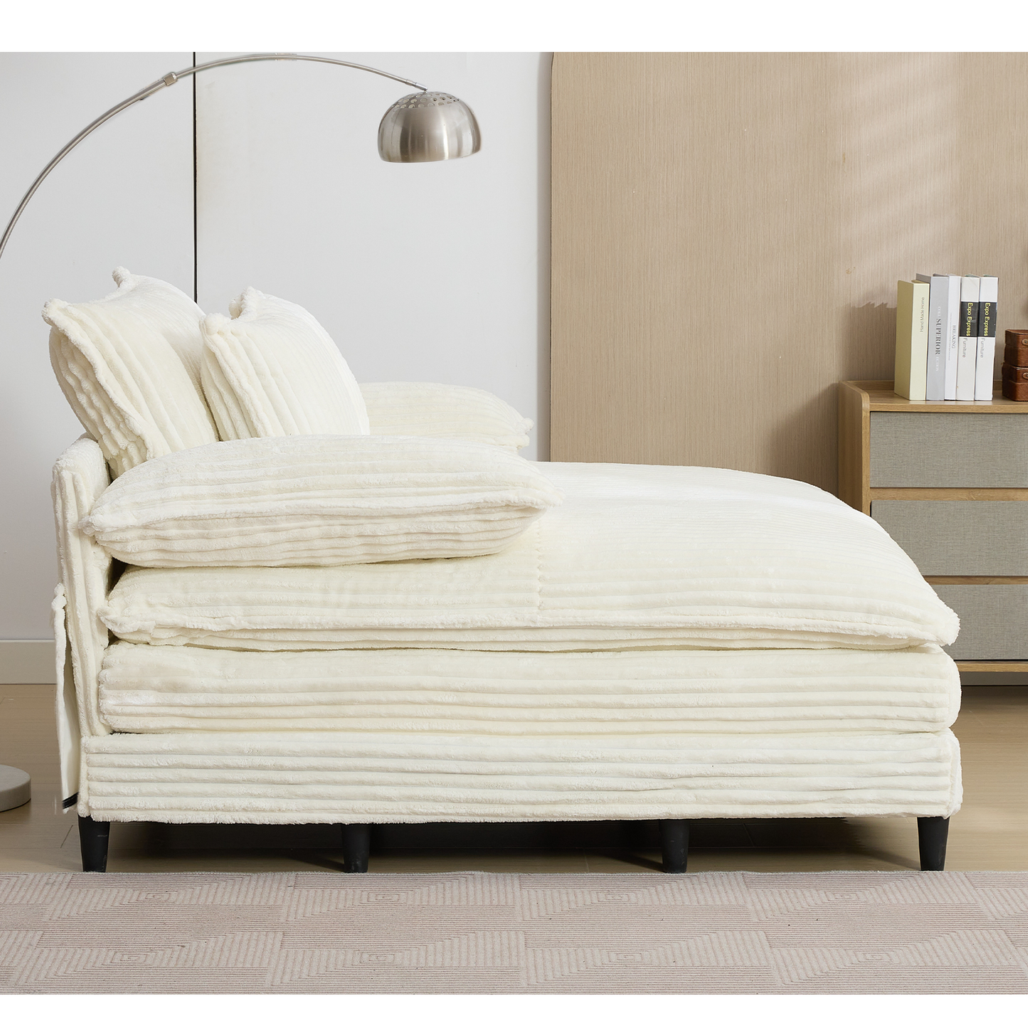 54.75" W Oversized Chaise Lounge Chair,Fluffy Cushioned Sofa Bed,Deep Seat,Corduroy,2 Pillows,Four Gears Can Be Adjusted,Leisure Sleeper Sofa Chair for Living Room,Beige