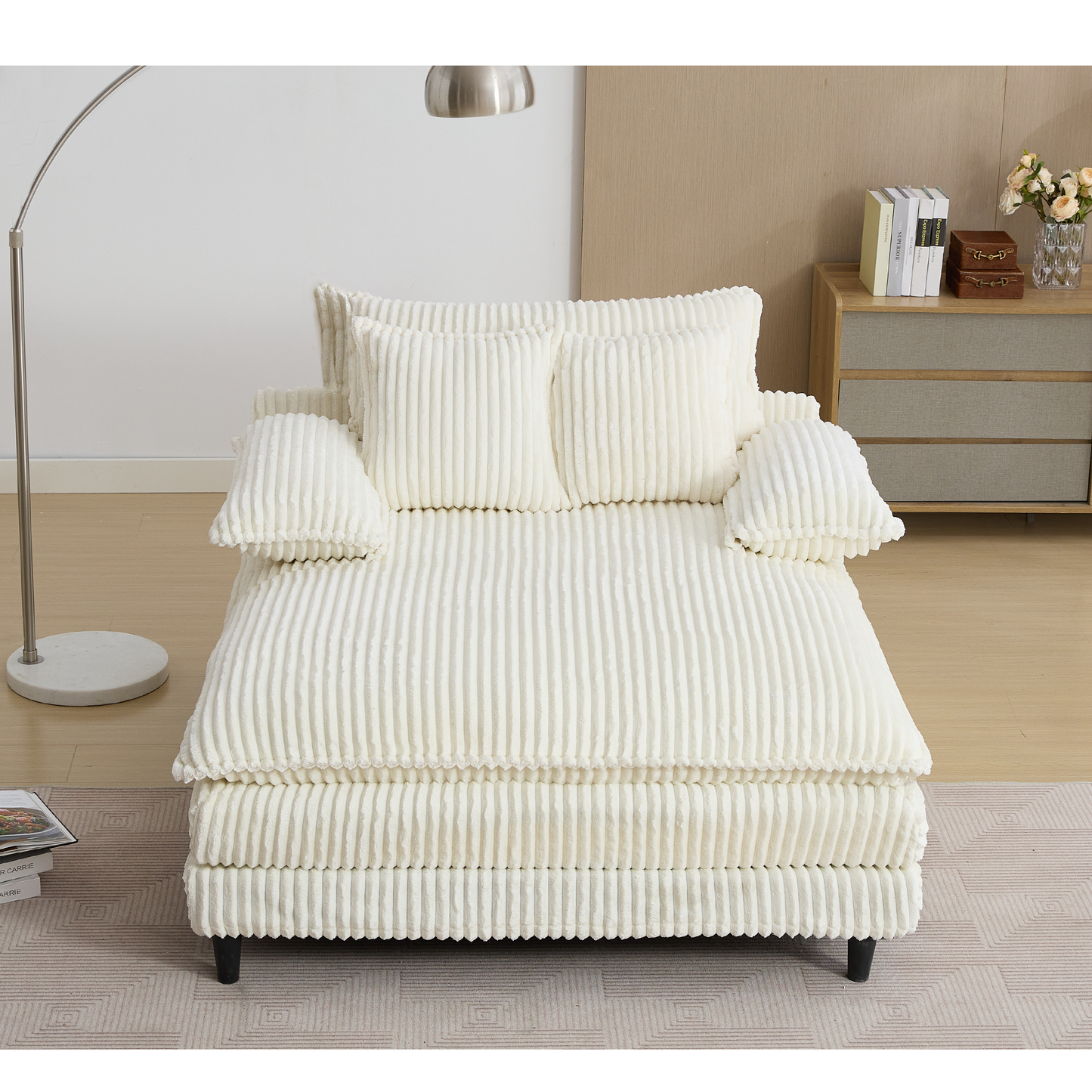 54.75" W Oversized Chaise Lounge Chair,Fluffy Cushioned Sofa Bed,Deep Seat,Corduroy,2 Pillows,Four Gears Can Be Adjusted,Leisure Sleeper Sofa Chair for Living Room,Beige