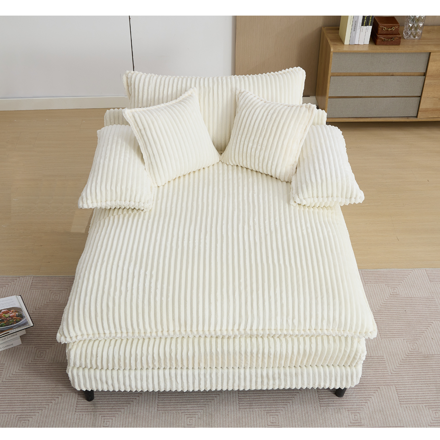 54.75" W Oversized Chaise Lounge Chair,Fluffy Cushioned Sofa Bed,Deep Seat,Corduroy,2 Pillows,Four Gears Can Be Adjusted,Leisure Sleeper Sofa Chair for Living Room,Beige