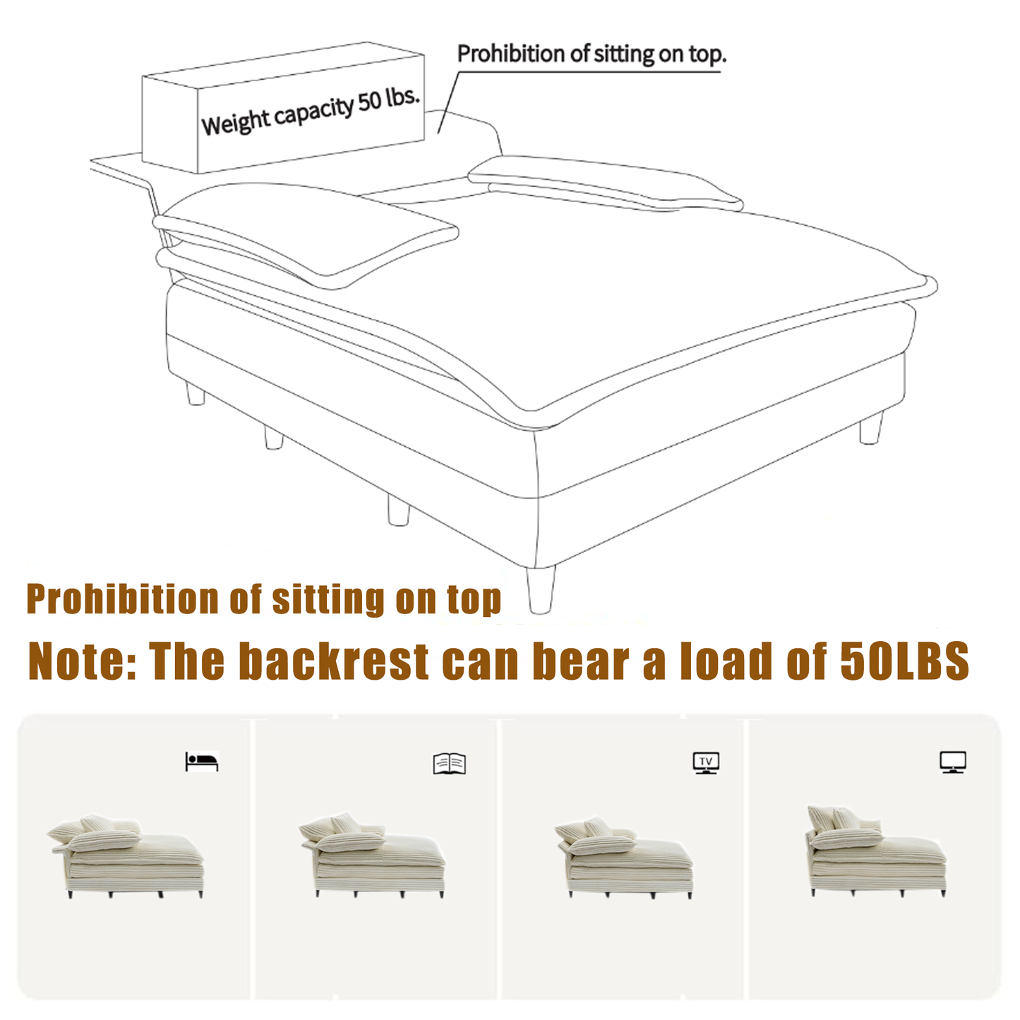 54.75" W Oversized Chaise Lounge Chair,Fluffy Cushioned Sofa Bed,Deep Seat,Corduroy,2 Pillows,Four Gears Can Be Adjusted,Leisure Sleeper Sofa Chair for Living Room,Beige