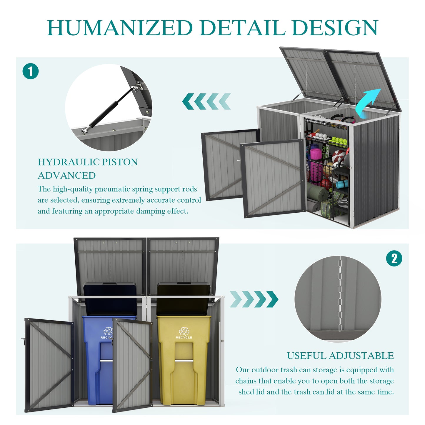 Garbage Bin Shed Stores 2 Trash Cans Metal Outdoor Bin Shed for Garbage Storage,54 cubic feet of space,Stainless Galvanized Steel, Bin Shed for Garden Yard Lawn,Grey