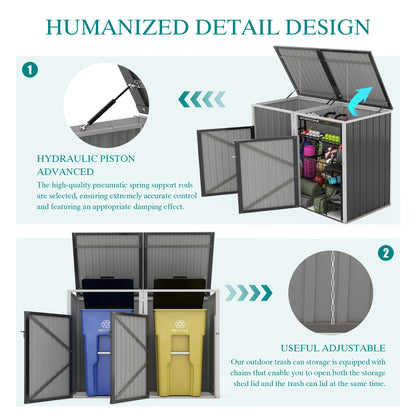 Garbage Bin Shed Stores 2 Trash Cans Metal Outdoor Bin Shed for Garbage Storage,54 cubic feet of space,Stainless Galvanized Steel, Bin Shed for Garden Yard Lawn,Grey