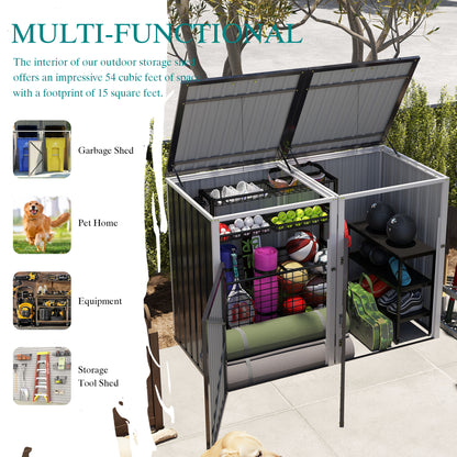 Garbage Bin Shed Stores 2 Trash Cans Metal Outdoor Bin Shed for Garbage Storage,54 cubic feet of space,Stainless Galvanized Steel, Bin Shed for Garden Yard Lawn,Grey