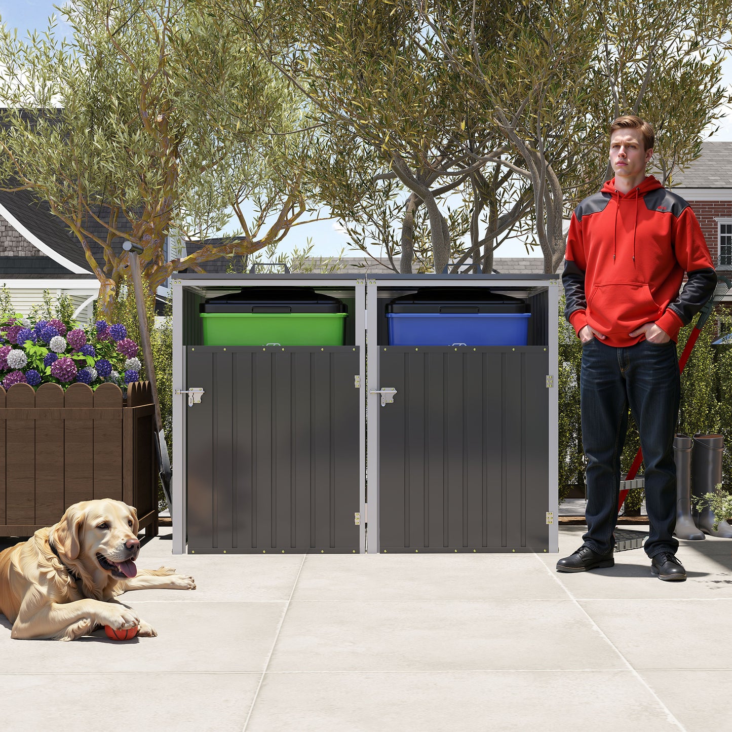 Garbage Bin Shed Stores 2 Trash Cans Metal Outdoor Bin Shed for Garbage Storage,54 cubic feet of space,Stainless Galvanized Steel, Bin Shed for Garden Yard Lawn,Grey