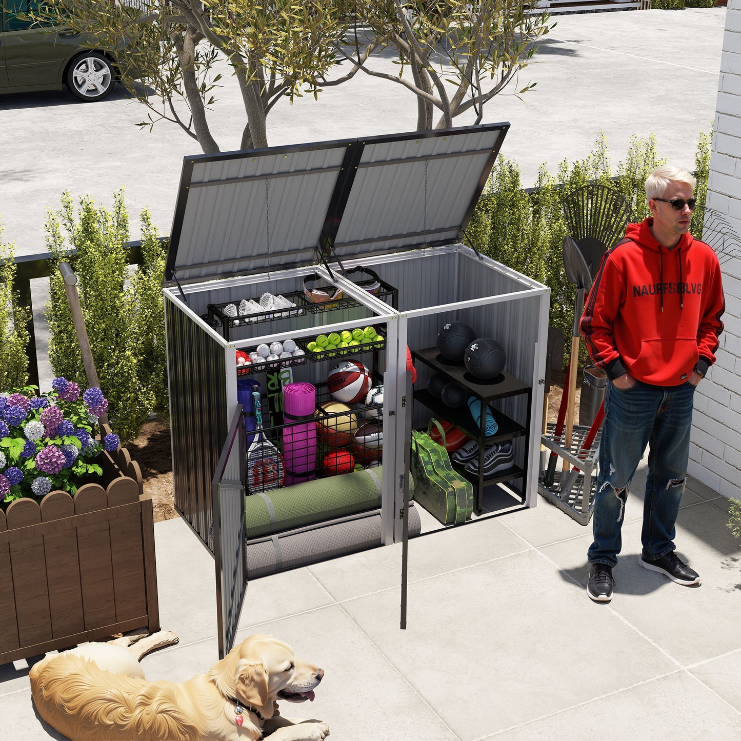 Garbage Bin Shed Stores 2 Trash Cans Metal Outdoor Bin Shed for Garbage Storage,54 cubic feet of space,Stainless Galvanized Steel, Bin Shed for Garden Yard Lawn,Grey