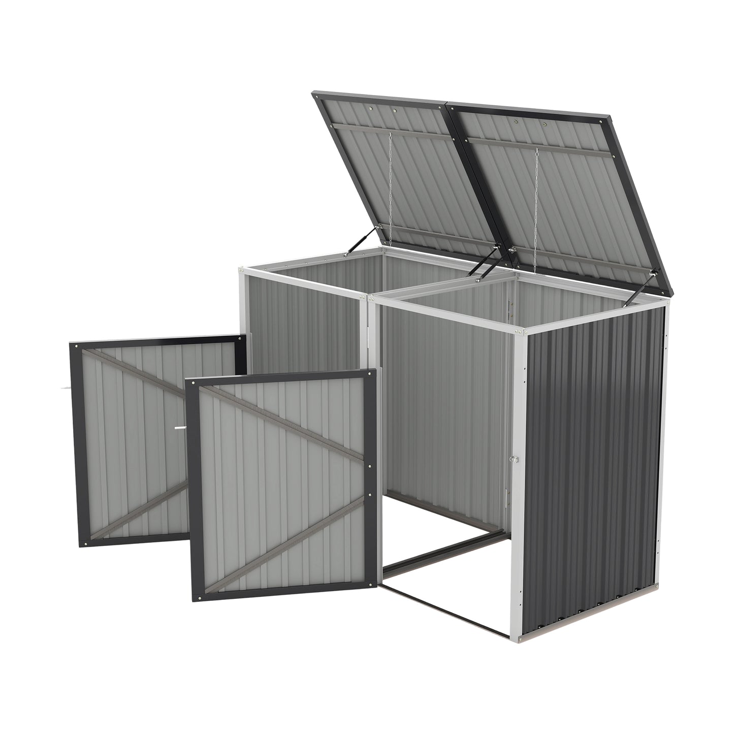 Garbage Bin Shed Stores 2 Trash Cans Metal Outdoor Bin Shed for Garbage Storage,54 cubic feet of space,Stainless Galvanized Steel, Bin Shed for Garden Yard Lawn,Grey