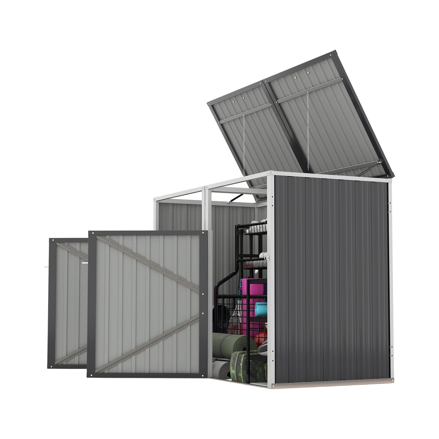 Garbage Bin Shed Stores 2 Trash Cans Metal Outdoor Bin Shed for Garbage Storage,54 cubic feet of space,Stainless Galvanized Steel, Bin Shed for Garden Yard Lawn,Grey