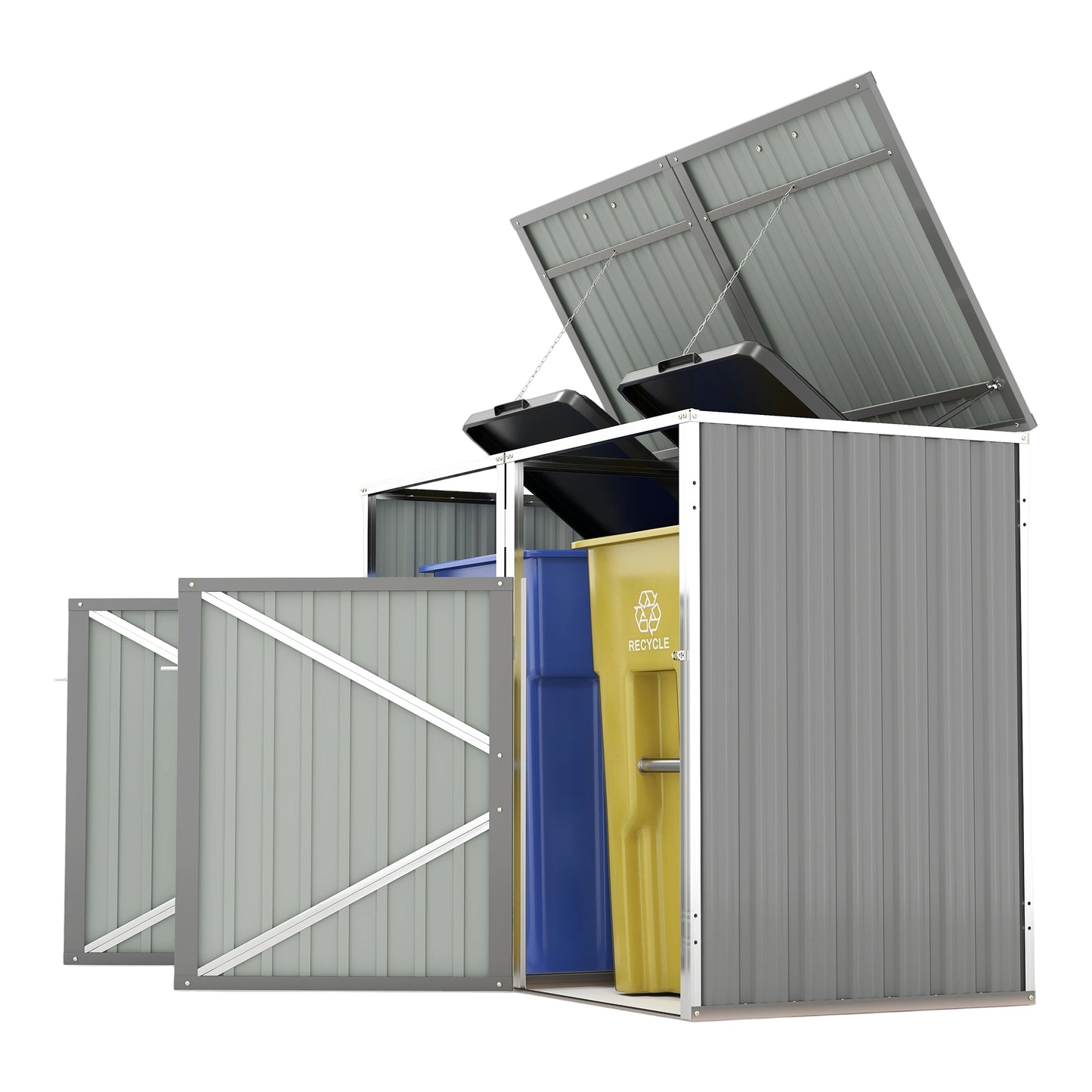 Garbage Bin Shed Stores 2 Trash Cans Metal Outdoor Bin Shed for Garbage Storage,54 cubic feet of space,Stainless Galvanized Steel, Bin Shed for Garden Yard Lawn,Grey