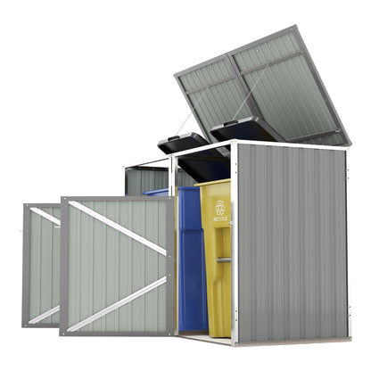 Garbage Bin Shed Stores 2 Trash Cans Metal Outdoor Bin Shed for Garbage Storage,54 cubic feet of space,Stainless Galvanized Steel, Bin Shed for Garden Yard Lawn,Grey