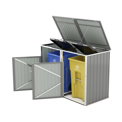 Garbage Bin Shed Stores 2 Trash Cans Metal Outdoor Bin Shed for Garbage Storage,54 cubic feet of space,Stainless Galvanized Steel, Bin Shed for Garden Yard Lawn,Grey