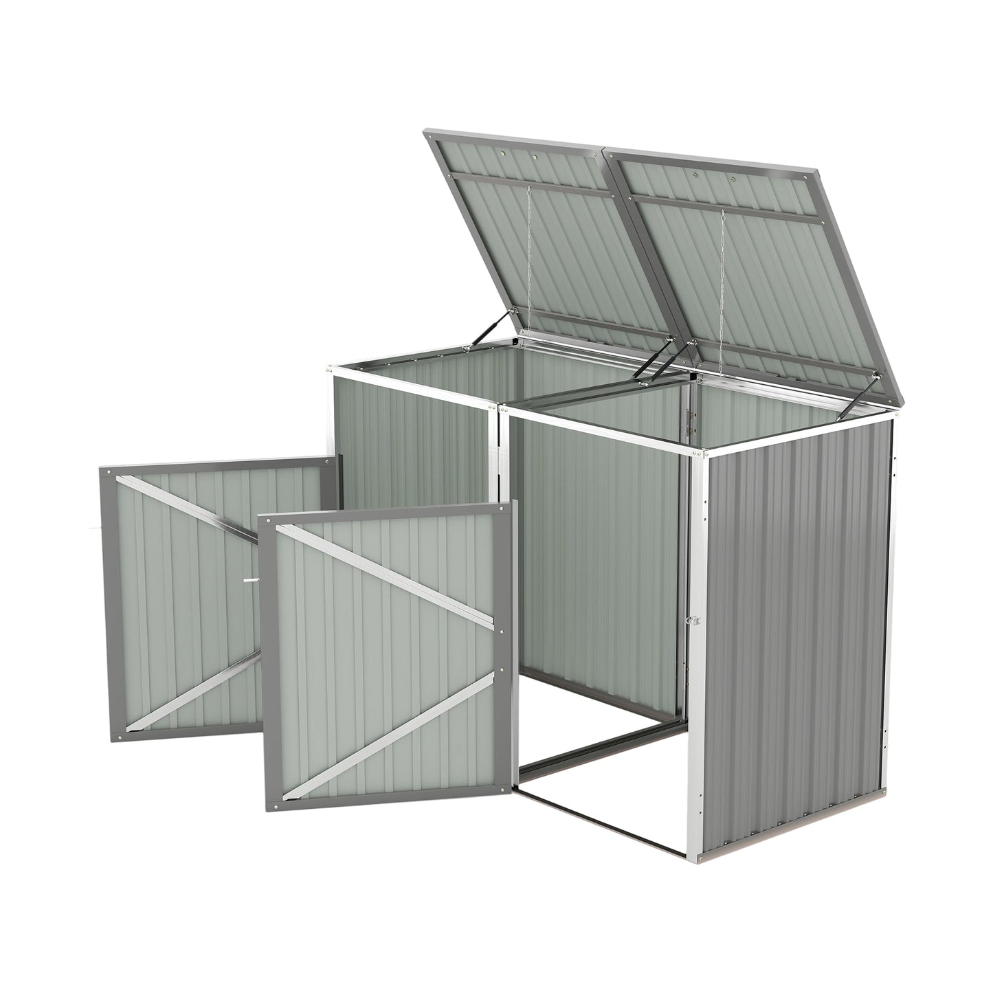 Garbage Bin Shed Stores 2 Trash Cans Metal Outdoor Bin Shed for Garbage Storage,54 cubic feet of space,Stainless Galvanized Steel, Bin Shed for Garden Yard Lawn,Grey