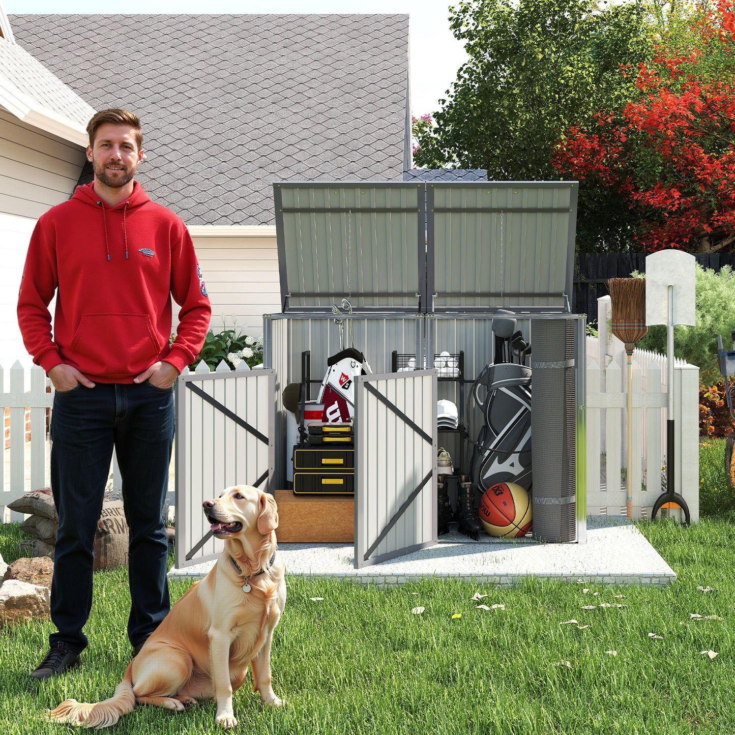 Garbage Bin Shed Stores 2 Trash Cans Metal Outdoor Bin Shed for Garbage Storage,54 cubic feet of space,Stainless Galvanized Steel, Bin Shed for Garden Yard Lawn,Grey