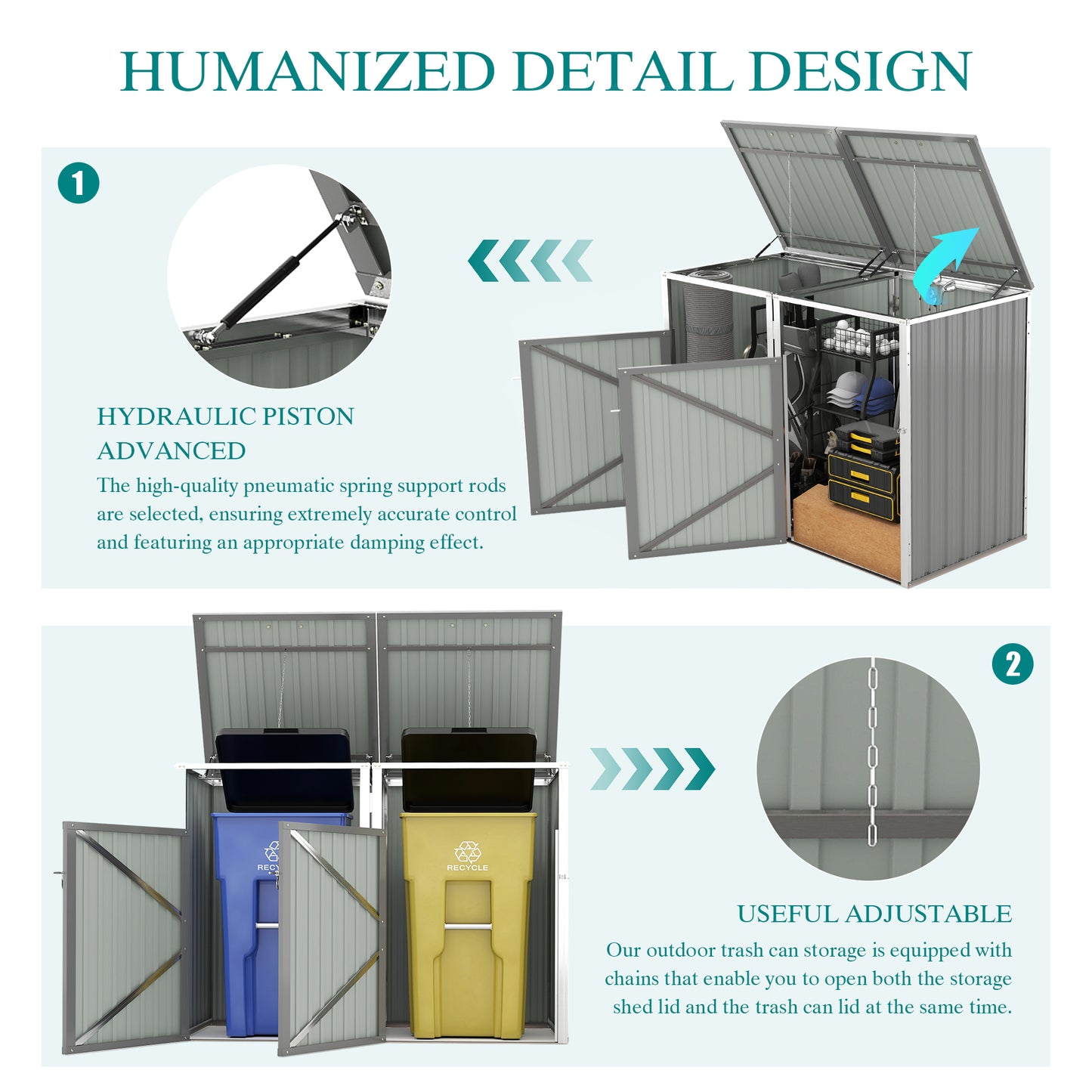 Garbage Bin Shed Stores 2 Trash Cans Metal Outdoor Bin Shed for Garbage Storage,54 cubic feet of space,Stainless Galvanized Steel, Bin Shed for Garden Yard Lawn,Grey