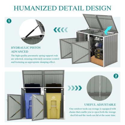 Garbage Bin Shed Stores 2 Trash Cans Metal Outdoor Bin Shed for Garbage Storage,54 cubic feet of space,Stainless Galvanized Steel, Bin Shed for Garden Yard Lawn,Grey