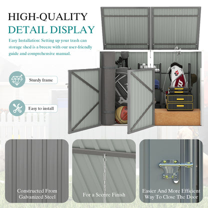Garbage Bin Shed Stores 2 Trash Cans Metal Outdoor Bin Shed for Garbage Storage,54 cubic feet of space,Stainless Galvanized Steel, Bin Shed for Garden Yard Lawn,Grey