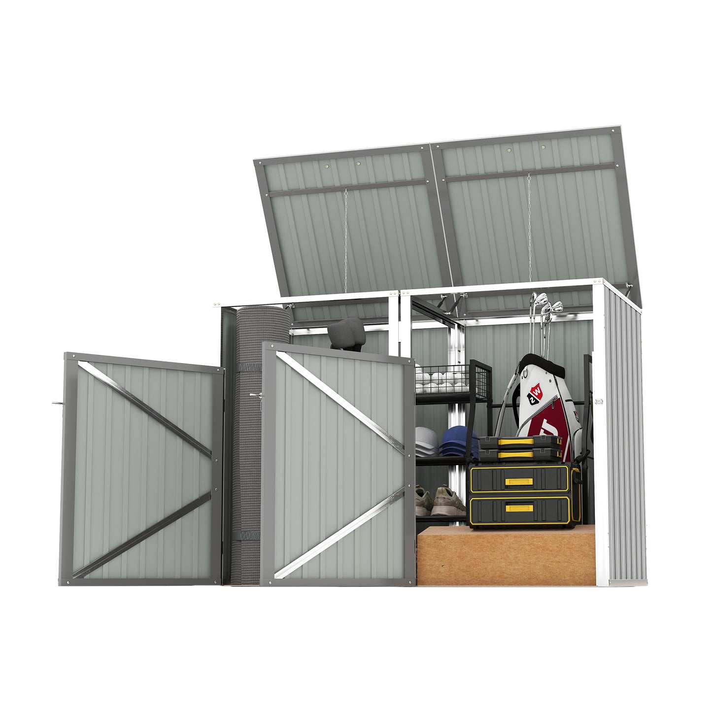 Garbage Bin Shed Stores 2 Trash Cans Metal Outdoor Bin Shed for Garbage Storage,54 cubic feet of space,Stainless Galvanized Steel, Bin Shed for Garden Yard Lawn,Grey