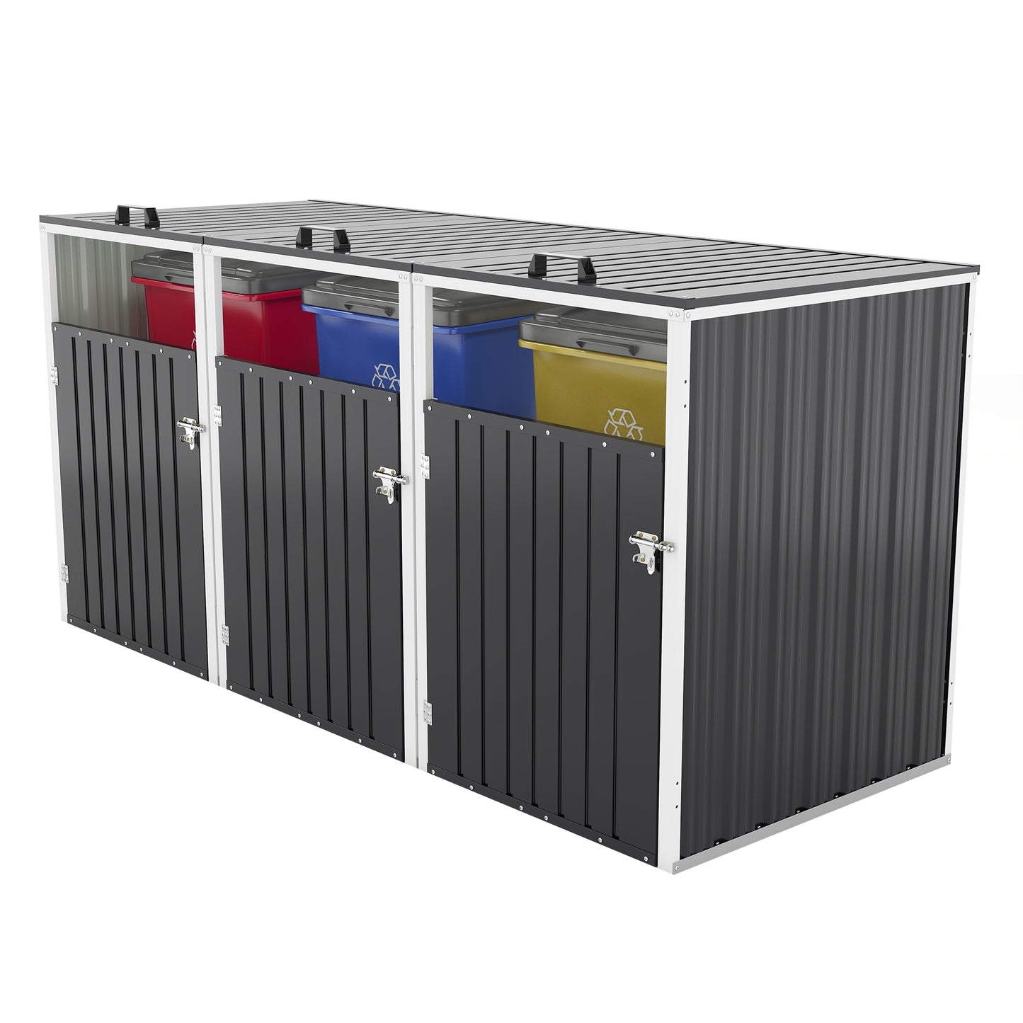 Garbage Bin Shed Stores 3 Trash Cans with Pneumatic Support Rod, with Lockable Doors & Waterproof Lid Chain, for Patio,Garden,Backyard,Grey