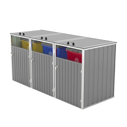 Garbage Bin Shed Stores 3 Trash Cans with Pneumatic Support Rod, with Lockable Doors & Waterproof Lid Chain, for Patio,Garden,Backyard,Grey
