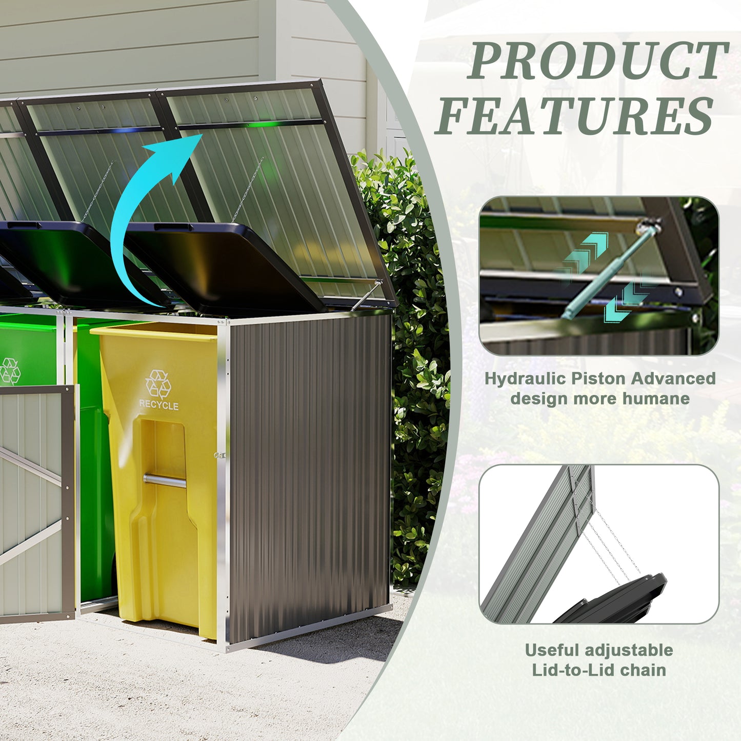 Garbage Bin Shed Stores 3 Trash Cans with Pneumatic Support Rod, with Lockable Doors & Waterproof Lid Chain, for Patio,Garden,Backyard,Grey