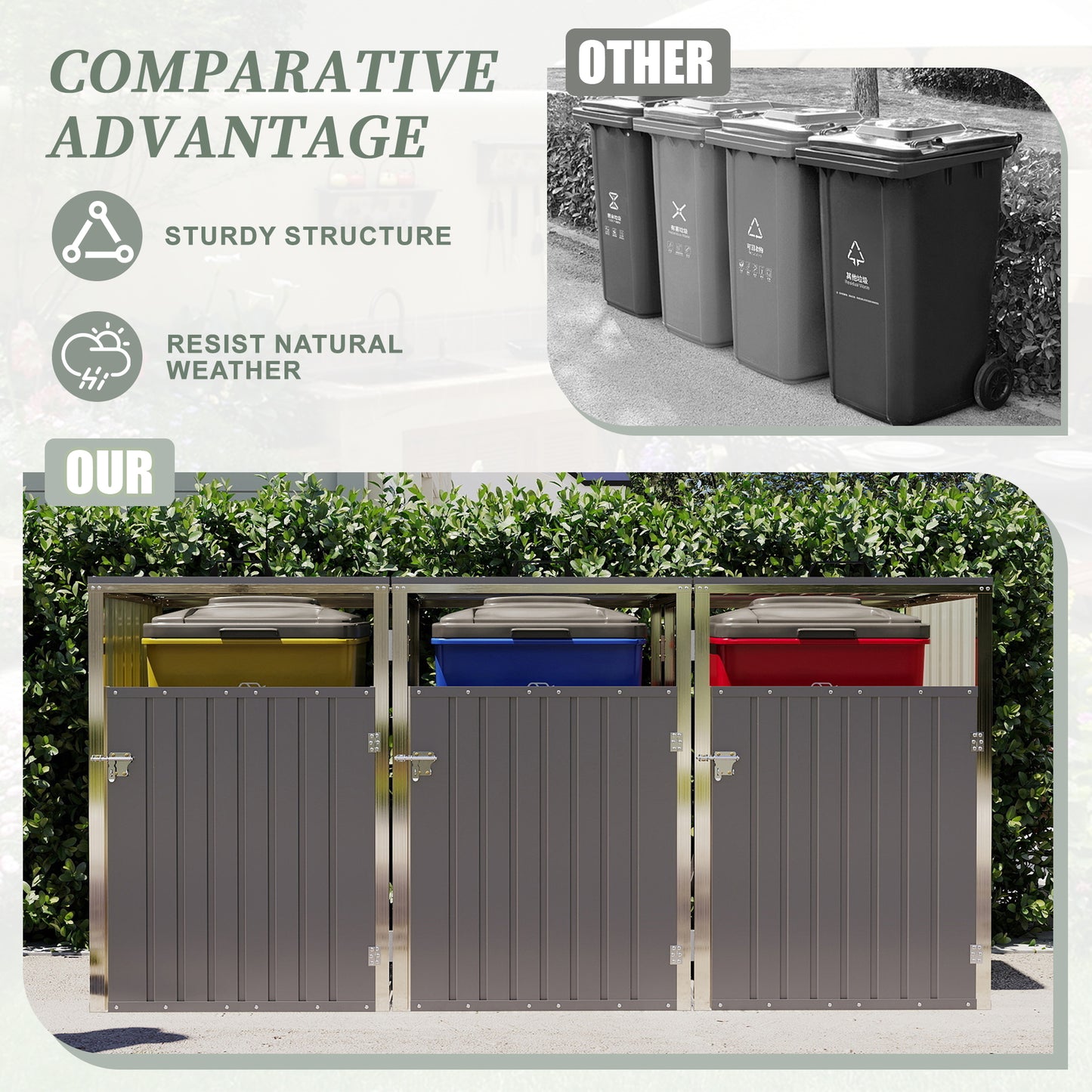 Garbage Bin Shed Stores 3 Trash Cans with Pneumatic Support Rod, with Lockable Doors & Waterproof Lid Chain, for Patio,Garden,Backyard,Grey