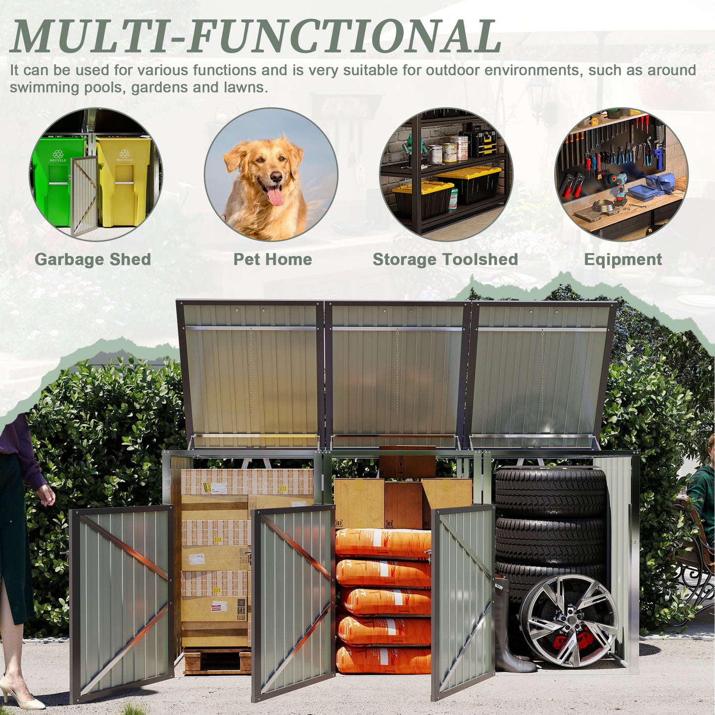 Garbage Bin Shed Stores 3 Trash Cans with Pneumatic Support Rod, with Lockable Doors & Waterproof Lid Chain, for Patio,Garden,Backyard,Grey