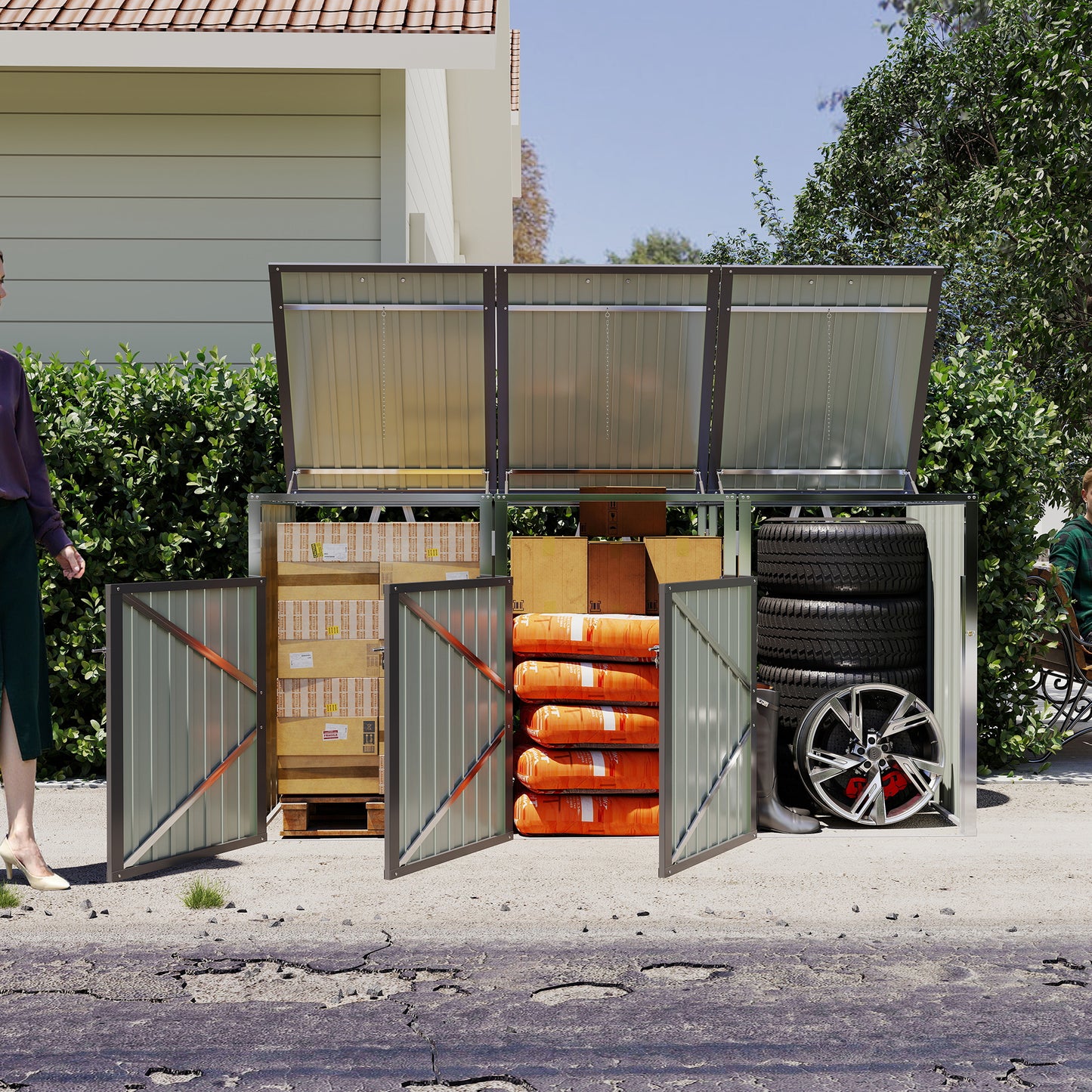 Garbage Bin Shed Stores 3 Trash Cans with Pneumatic Support Rod, with Lockable Doors & Waterproof Lid Chain, for Patio,Garden,Backyard,Grey