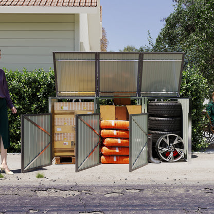 Garbage Bin Shed Stores 3 Trash Cans with Pneumatic Support Rod, with Lockable Doors & Waterproof Lid Chain, for Patio,Garden,Backyard,Grey