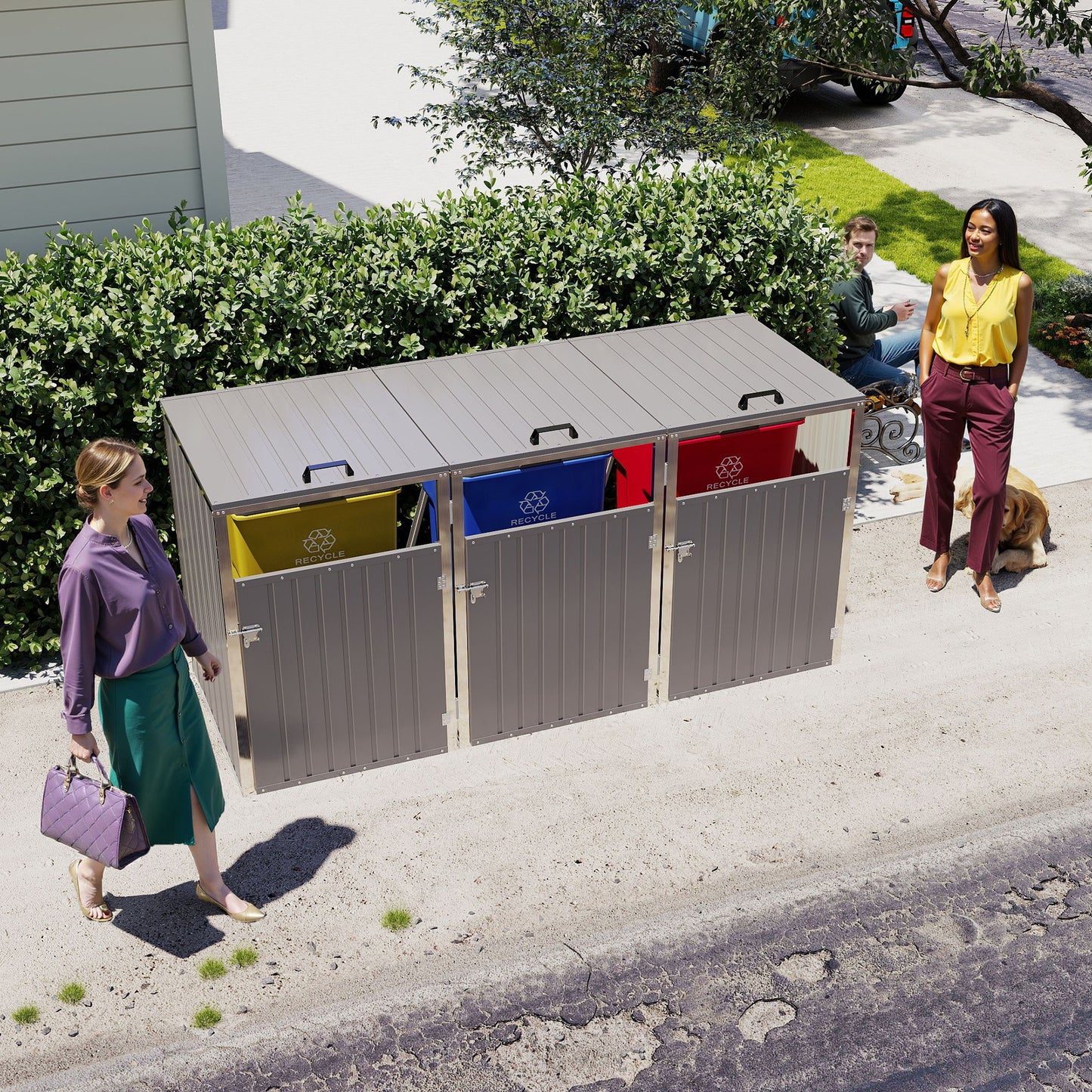 Garbage Bin Shed Stores 3 Trash Cans with Pneumatic Support Rod, with Lockable Doors & Waterproof Lid Chain, for Patio,Garden,Backyard,Grey