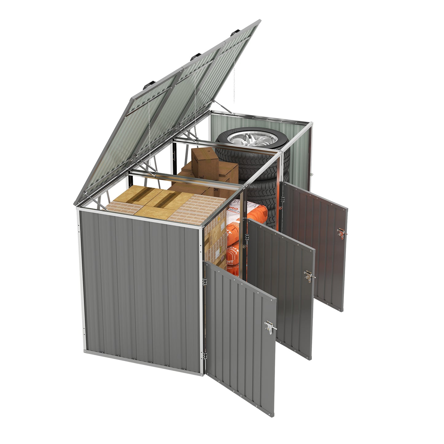 Garbage Bin Shed Stores 3 Trash Cans with Pneumatic Support Rod, with Lockable Doors & Waterproof Lid Chain, for Patio,Garden,Backyard,Grey