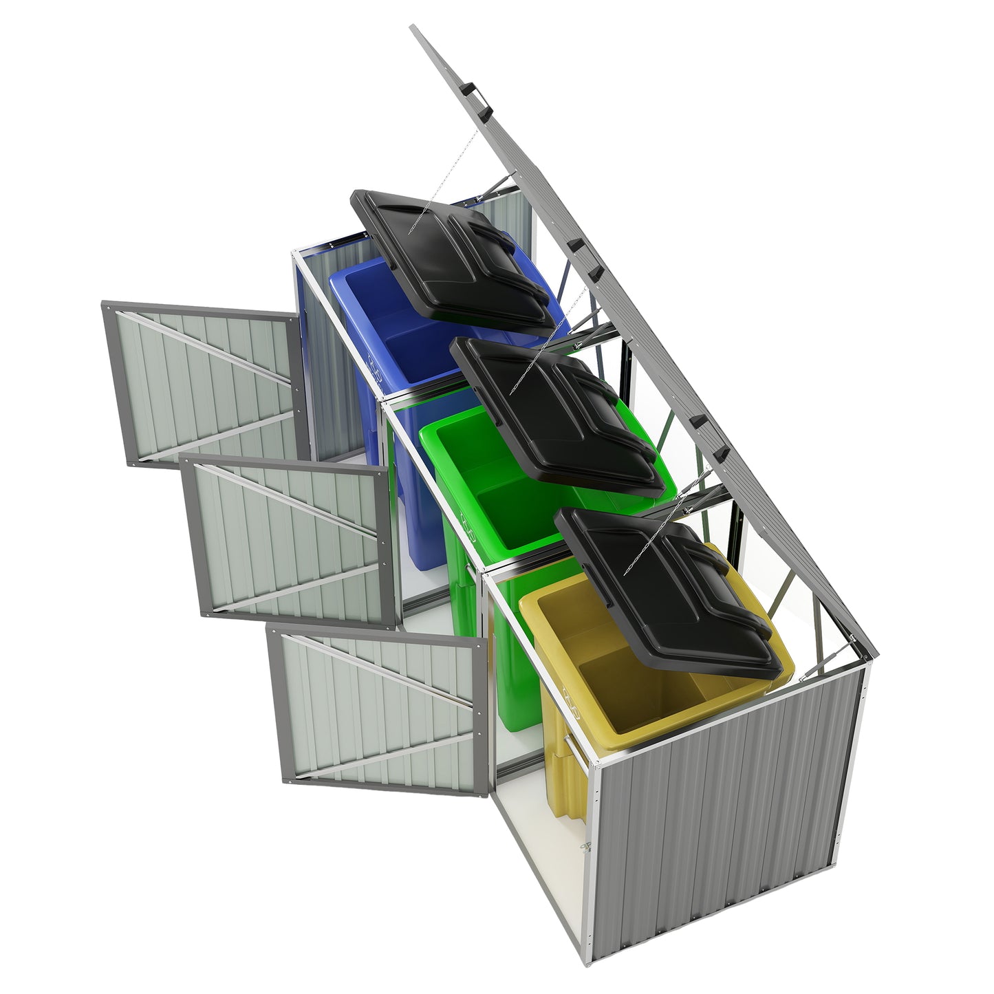 Garbage Bin Shed Stores 3 Trash Cans with Pneumatic Support Rod, with Lockable Doors & Waterproof Lid Chain, for Patio,Garden,Backyard,Grey