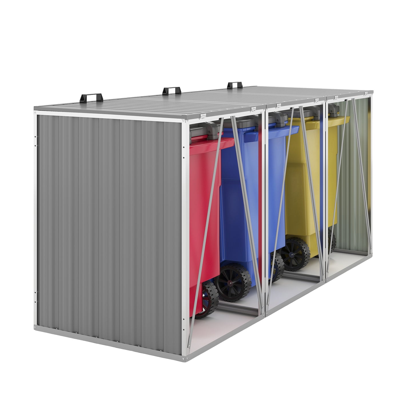 Garbage Bin Shed Stores 3 Trash Cans with Pneumatic Support Rod, with Lockable Doors & Waterproof Lid Chain, for Patio,Garden,Backyard,Grey