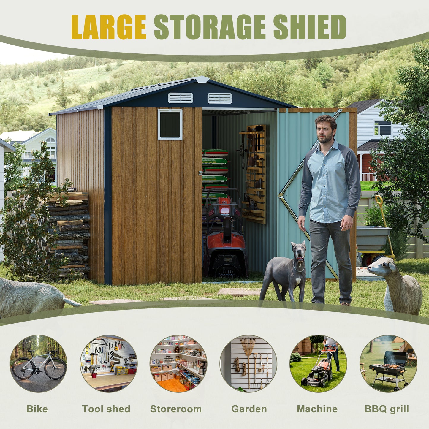 6x8FT Outdoor Steel Storage Shed with Clear Window, Lockable Doors, Compact Metal Tool Shed for Garden, Backyard, Patio, Utility, and Bike Storage,yellow