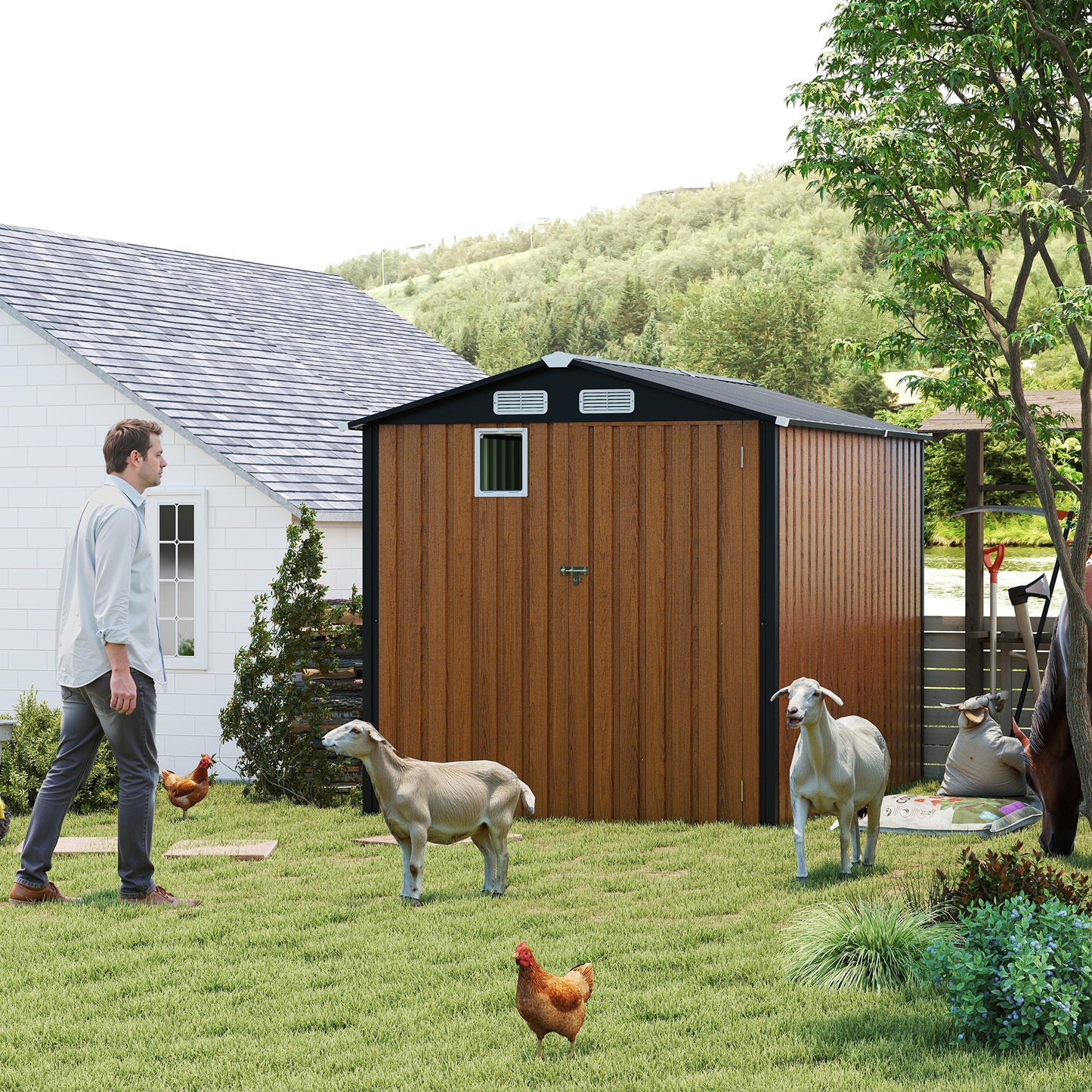 6x8FT Outdoor Steel Storage Shed with Clear Window, Lockable Doors, Compact Metal Tool Shed for Garden, Backyard, Patio, Utility, and Bike Storage,yellow