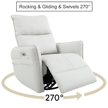 270° Power Swivel Rocker Recliner Chair, PU Leather Electric Glider Reclining Sofa with USB Ports, Power Swivel Glider, Rocking Chair,Nursery Recliners for Living Room Bedroom(Light Gray+270°Swivel)