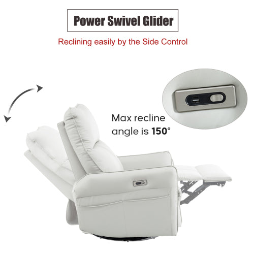 270° Power Swivel Rocker Recliner Chair, PU Leather Electric Glider Reclining Sofa with USB Ports, Power Swivel Glider, Rocking Chair,Nursery Recliners for Living Room Bedroom(Light Gray+270°Swivel)