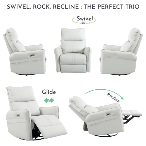 270° Power Swivel Rocker Recliner Chair, PU Leather Electric Glider Reclining Sofa with USB Ports, Power Swivel Glider, Rocking Chair,Nursery Recliners for Living Room Bedroom(Light Gray+270°Swivel)