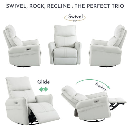 270° Power Swivel Rocker Recliner Chair, PU Leather Electric Glider Reclining Sofa with USB Ports, Power Swivel Glider, Rocking Chair,Nursery Recliners for Living Room Bedroom(Light Gray+270°Swivel)