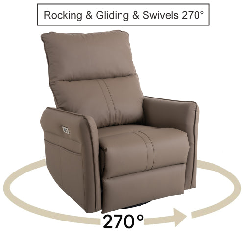 270° Power Swivel Rocker Recliner Chair, Electric Glider Reclining Sofa with USB Ports, PU Faux Leather Power Swivel Glider, Rocking Chair,Nursery Recliners for Living Room Bedroom(Brown+270° Swivel)
