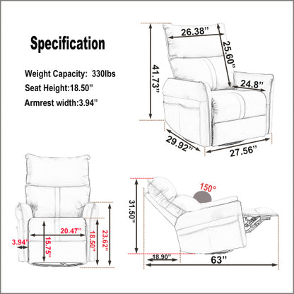 270° Power Swivel Rocker Recliner Chair, Electric Glider Reclining Sofa with USB Ports, PU Faux Leather Power Swivel Glider, Rocking Chair,Nursery Recliners for Living Room Bedroom(Brown+270° Swivel)